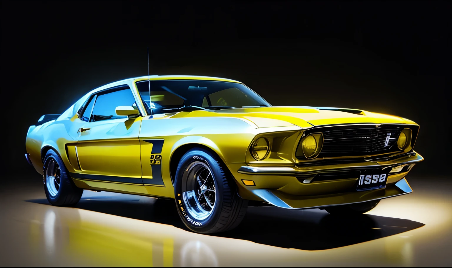 cartoon art styled, yellow ford mustang boss 302 1969, with black decals, high resolution, 4k, ultra hight resolution, white background, soft lighting, ambience lighting, soft shades