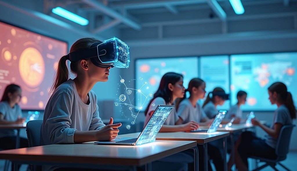 Educational advancements through VR and AI technologies, showcasing interactive tools and smart innovations in teaching.