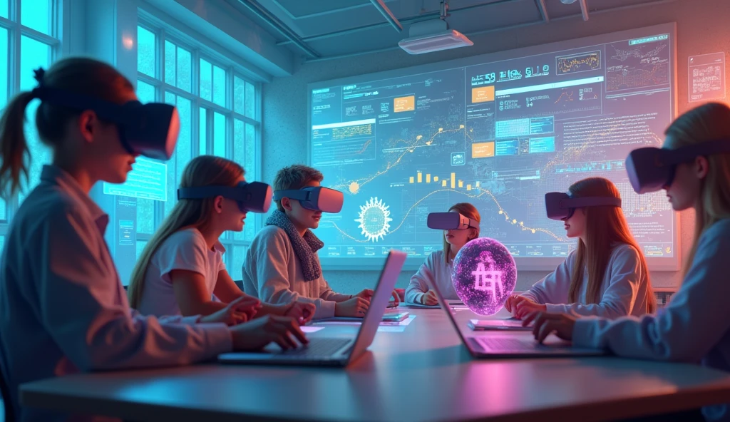Educational advancements through VR and AI technologies, showcasing interactive tools and smart innovations in teaching.