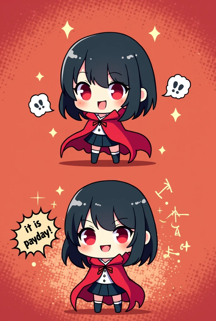 chibi style, kawaii style, 2 comic panels, dot halftone, flat color, main character is a beautiful black short hair vampire girl with red eyes wearing red cloak rising her smartphone, panels one with main character smiley face and the text "Cha-Ching" in sound effect, panel tow with main character happy face sparkling eyes and saying "IT IS PAYDAY!", text fontstyle comedy comic, red dot background, super cute girl, short comic