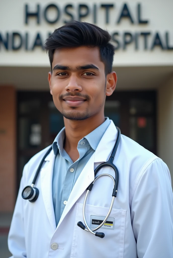 17 year old Indian boy wearing normal doctor MBBS dress posing for name Nadeem India hospital in background