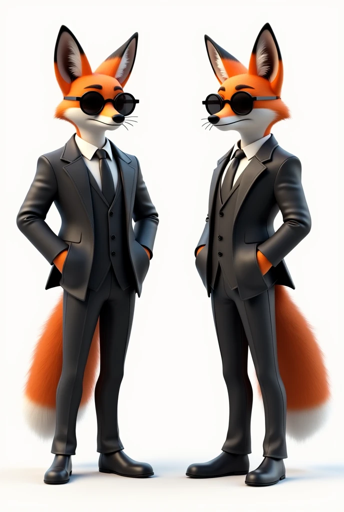 (photorealism:1.2), fox dressed in a suit and glasses standing with his hands in his pockets, cartoon fox character, leather jacket, mafia, multiple poses and expressions, 4 poses, cool face, full body, simple, artist, full color, 3d model, light and shadow, suit clothes, boss, flat color, white background, black sunglasses, short people