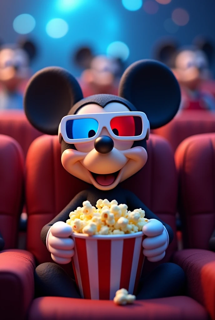 Mikey mouse with 3D glasses eating popcorn
