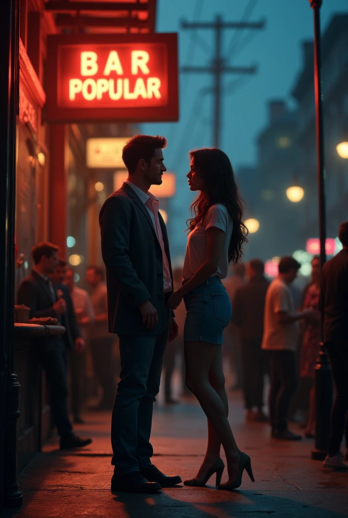 The bartender announces last call, and people start to leave. Bob and Lizzie exchange glances, not wanting their night to end. The two walk out of "Bar Popular" and into the night, the streetlights casting a soft glow on them.