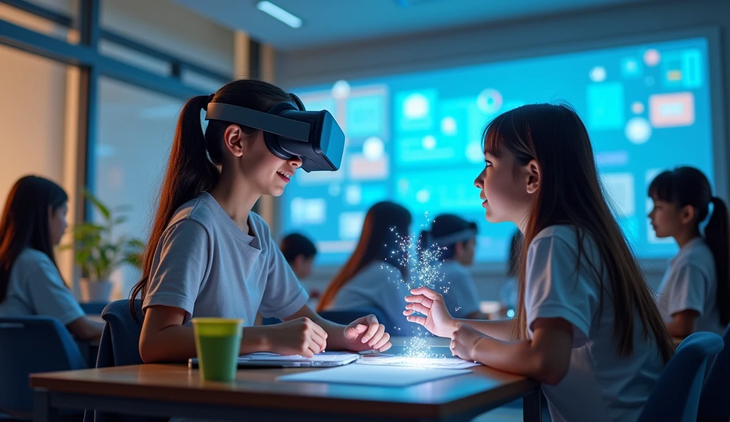 The impact of artificial intelligence and VR technology on student learning, featuring interactive and immersive classroom experiences.