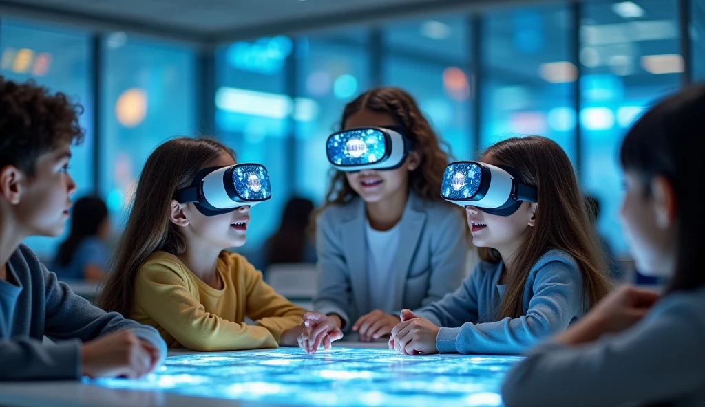 The impact of artificial intelligence and VR technology on student learning, featuring interactive and immersive classroom experiences.