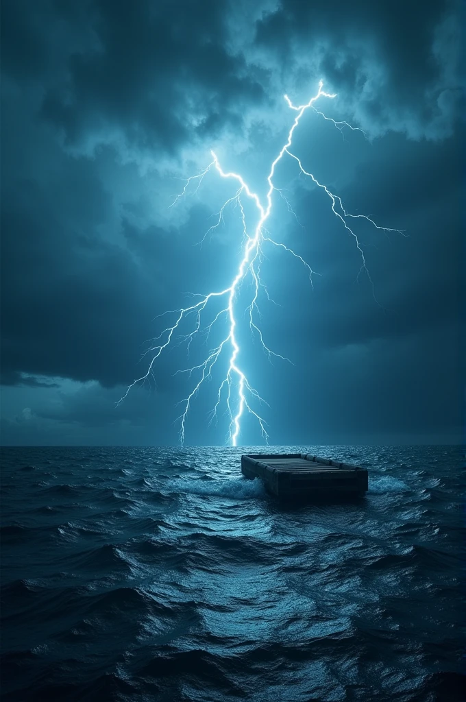 A raft in a strong sea with a storm With lightning