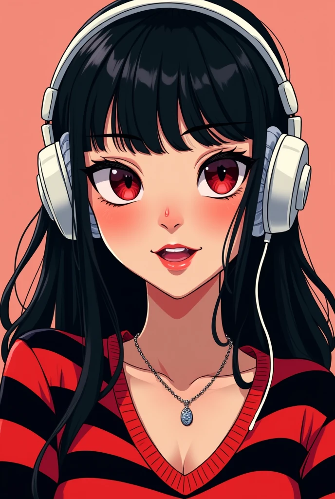 cartoon art/woman/black hair/red eyes/red and black striped sweater/necklace/white headphones