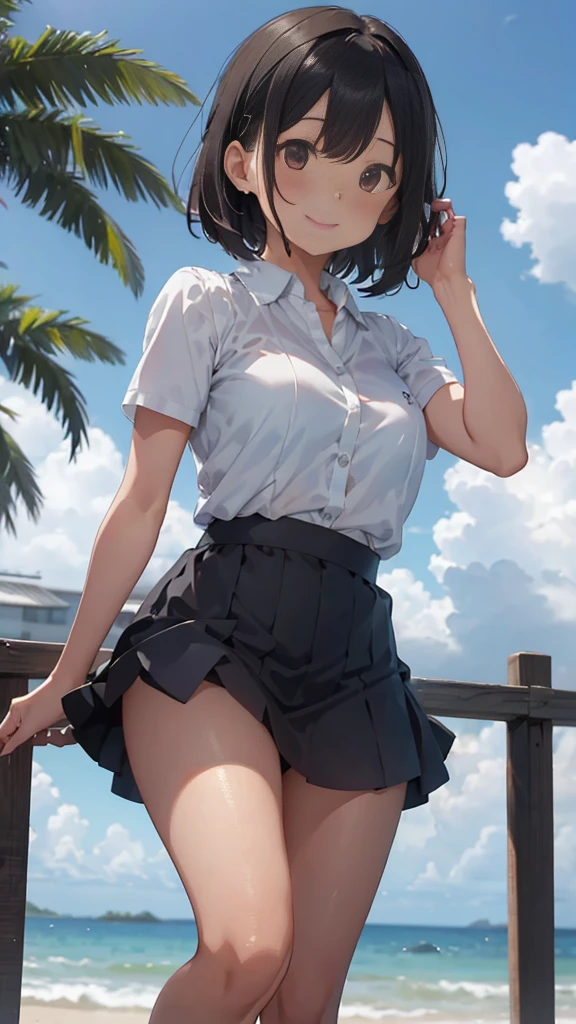 Black short bob、Cute Smile、White button-down blouse、Her blouse is soaked and her red bra is visible.、水色のskirt、両手でskirtをめくり上げる、skirt、Cute white underwear、barefoot、Sandy beach, sea and cumulonimbus clouds