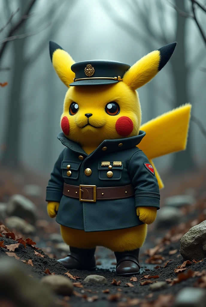Pikachu en tenue de la tchéka devant une fosse commune