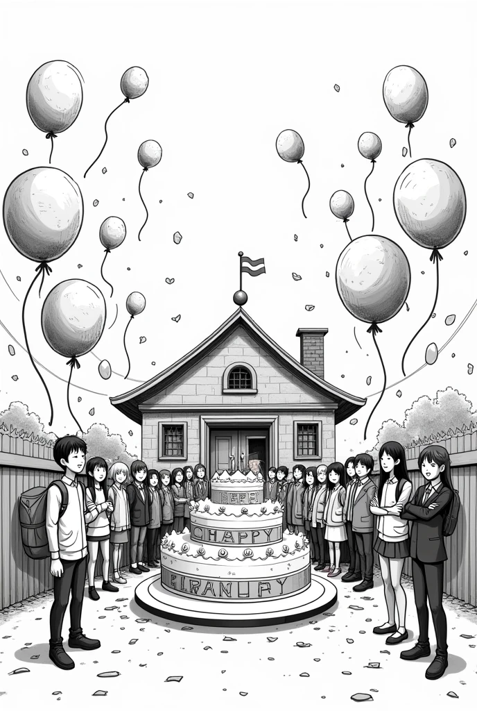 A school, balloons and cake celebrating a school's anniversary, cartoon style for painting black and white