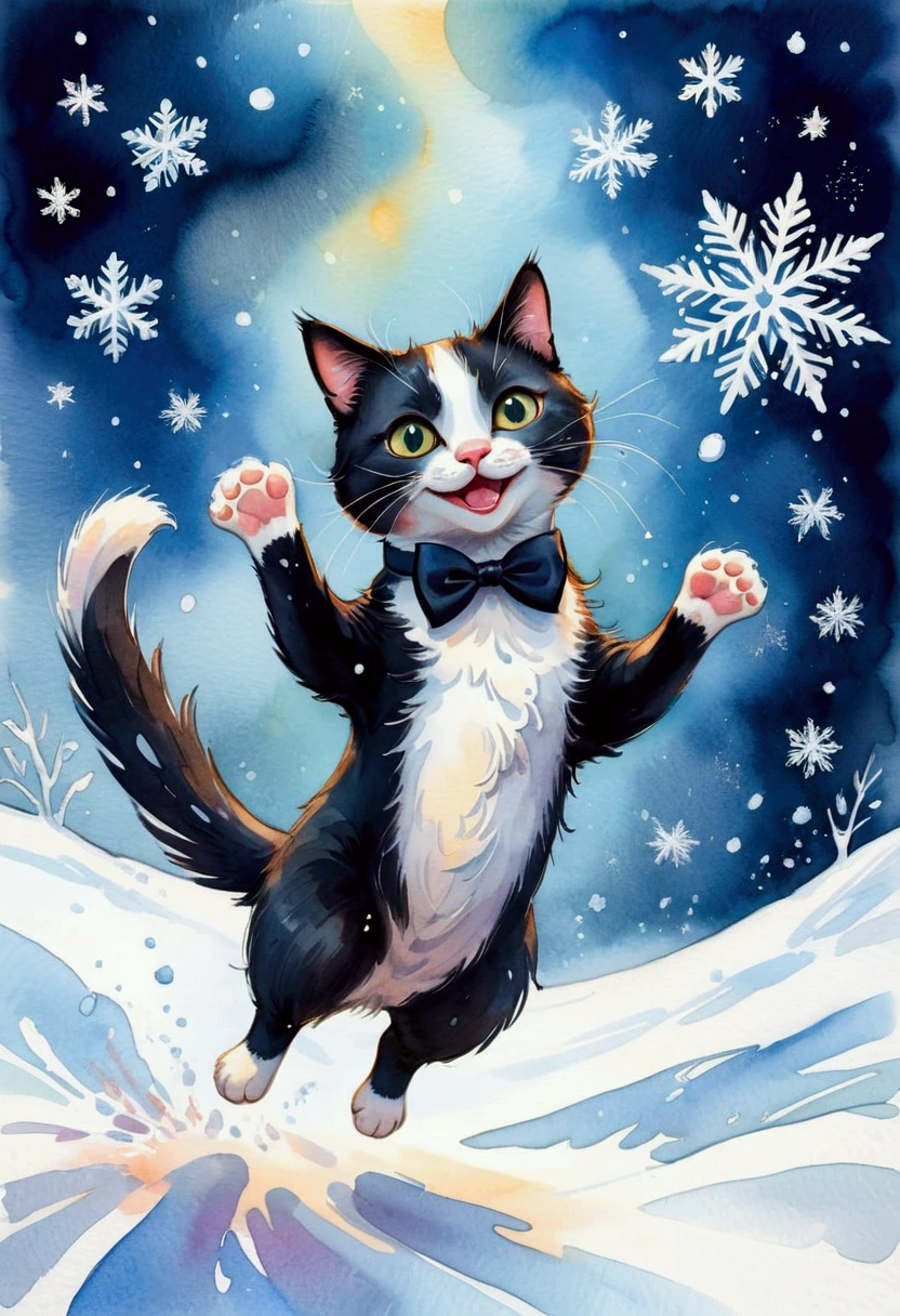 Scene of Happiness, Whimsical watercolor illustration of a tuxedo cat playing in the snow, jumping to catch snowflakes with a big smile. Soft textures, splashes of bright watercolor on textured paper, inspired by Beatrice Blue and Erika Robe, masterpiece, best quality, very aesthetic, absurdres