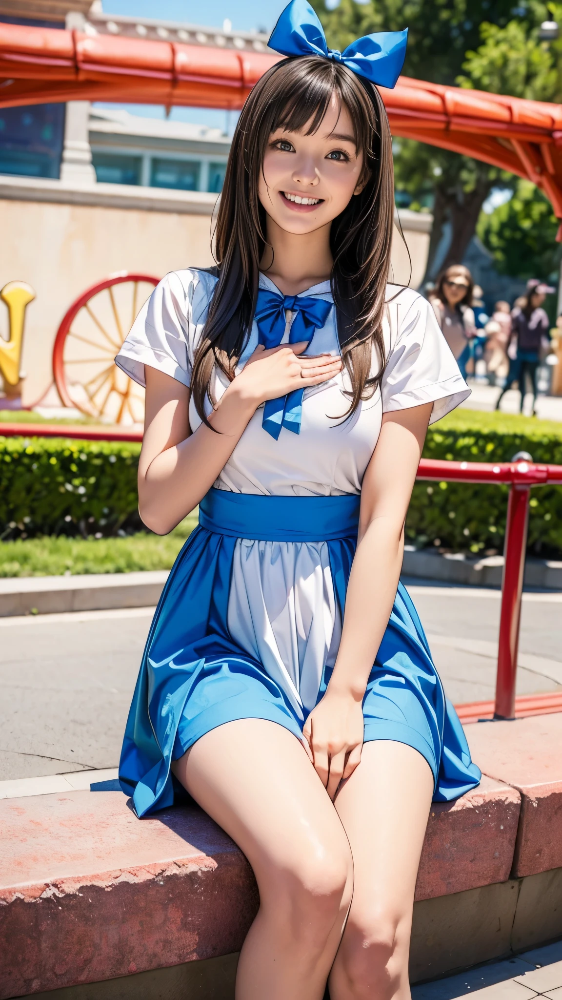 10 year old nerd girl、(Having a blast dressed up as Alice in Wonderland、smile、Big ribbon on head、Very slim:1.4、Very thin thighs:1.4、Very long legs)、Droopy eyes:1.4、Big round eyes:1.3、((Raise your arms in joy))、Filmed at Disneyland