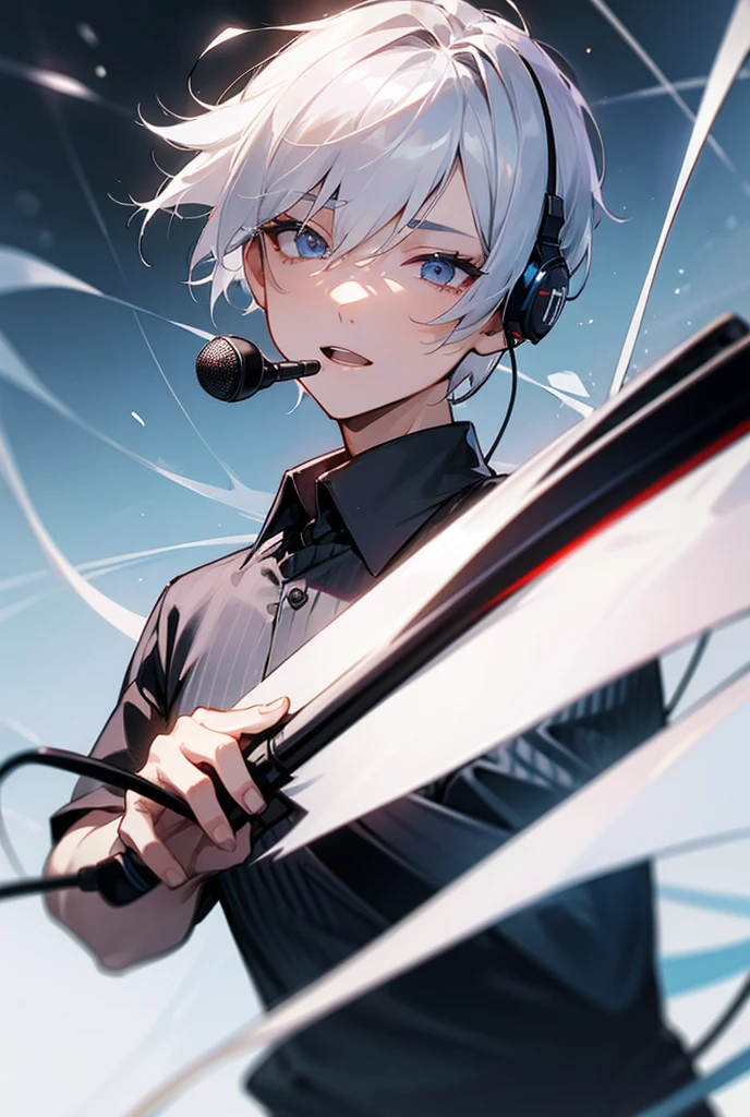 Silver Hair Short、Man with slanted eyes、sing、microphone、Black Shirt、headphone