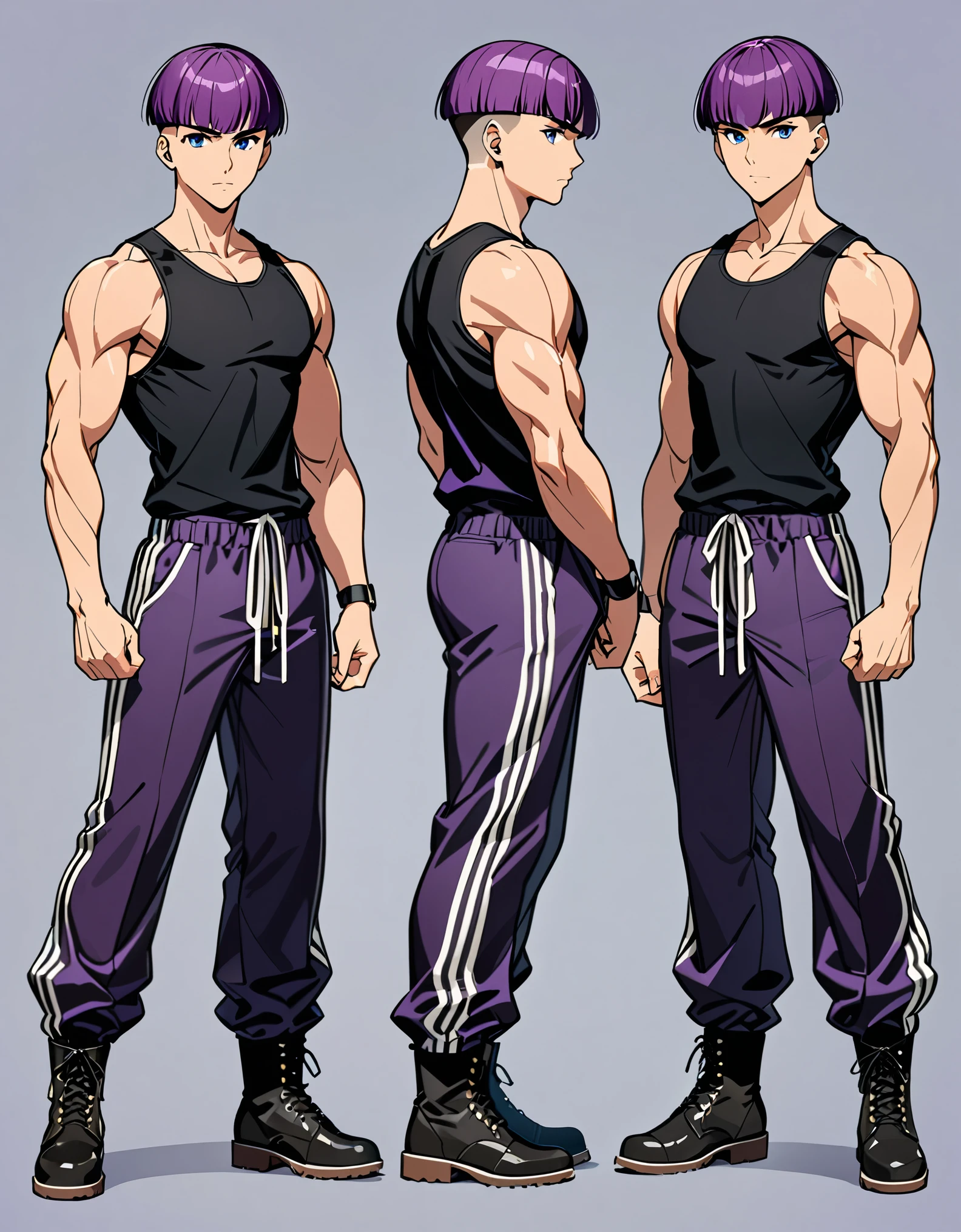(masterpiece), (best quality), (high res), male, tall body, beautiful detailed eyes, beautiful detailed face, serious, perfect hands, complete fingers, perfect anatomy, perfect proportions, ((purple hair, short hair, undercut haircut bowl cut )), ((blue eyes)), (( boots, black tank top and black buggy pants outfit)), muscles, hand pose, looking at viewer, (solo, solo focus), standing, holding asword, full body costume design. Simple background, Multiple Views, Character Sheet Full-Length.