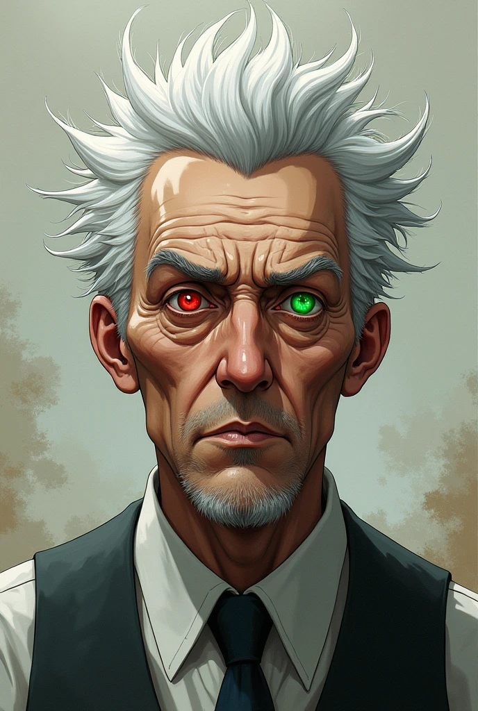 male character, white spiky hair, red left eye, green right eye. Looks old, long-sleeved dress shirt, social vest. anime dash