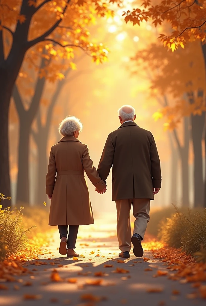 Senior Couple Walking Hand in Hand in an Autumn Park: An elderly couple walk hand in hand along a path covered in fallen leaves, exchanging glances and smiles, with the soft autumn sun filtering through the branches of the trees.