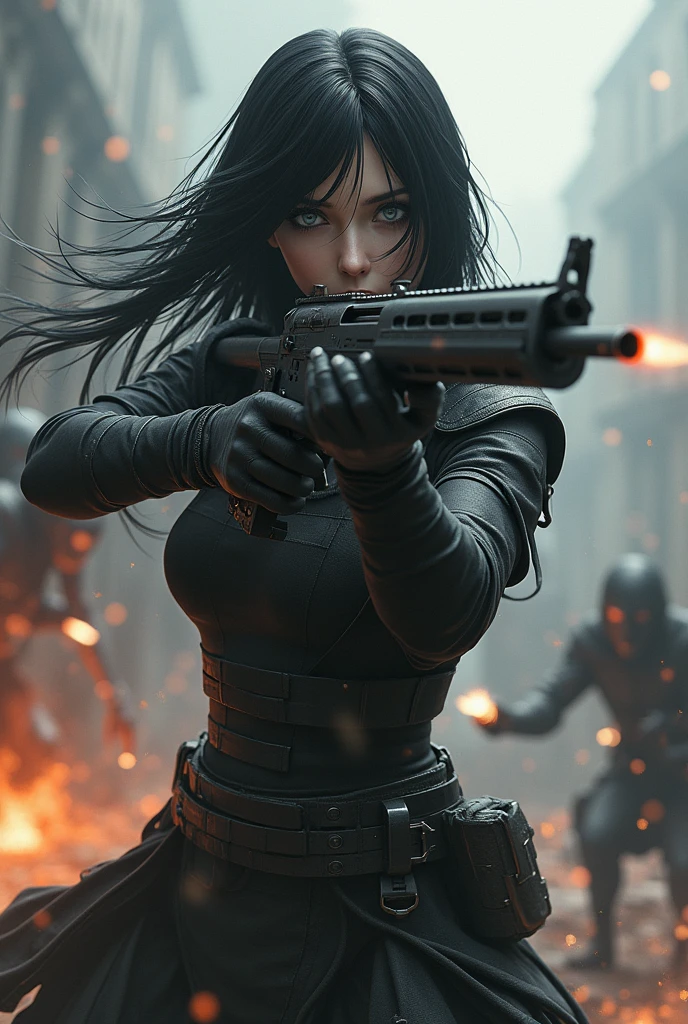 Human female character, with long black hair, eye white, white skin color, not very feminine black fighting clothes. Using a firearm in a monster war.