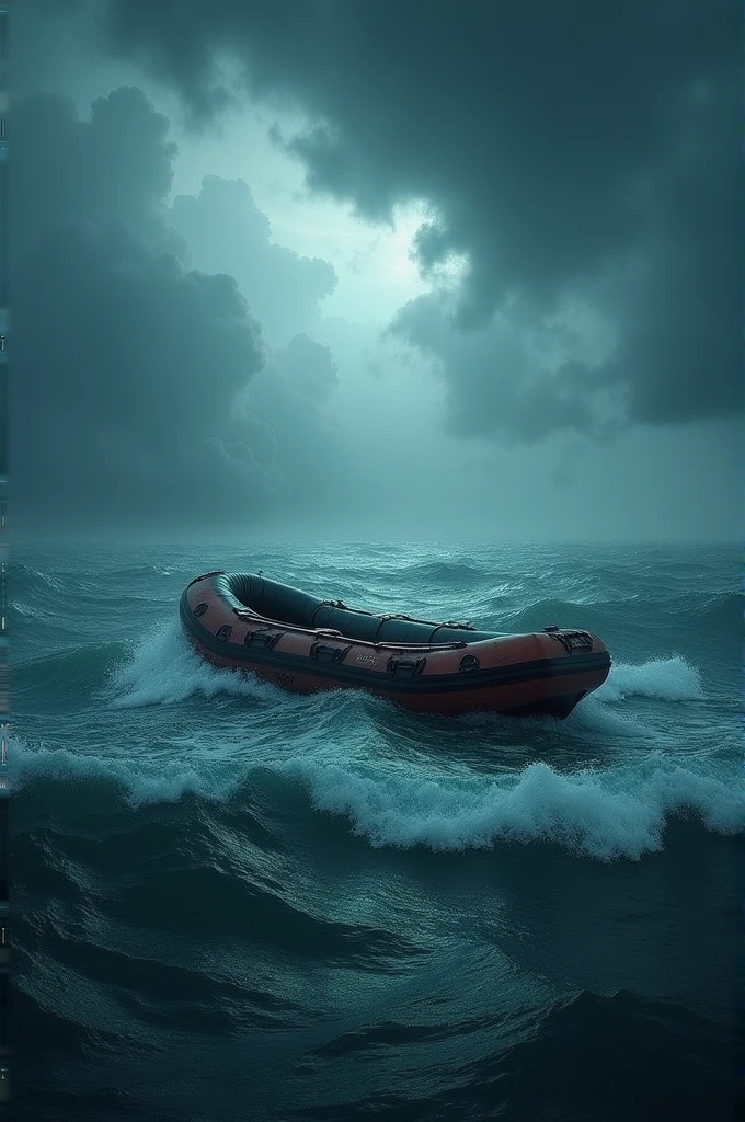 A raft in a rough sea with a storm