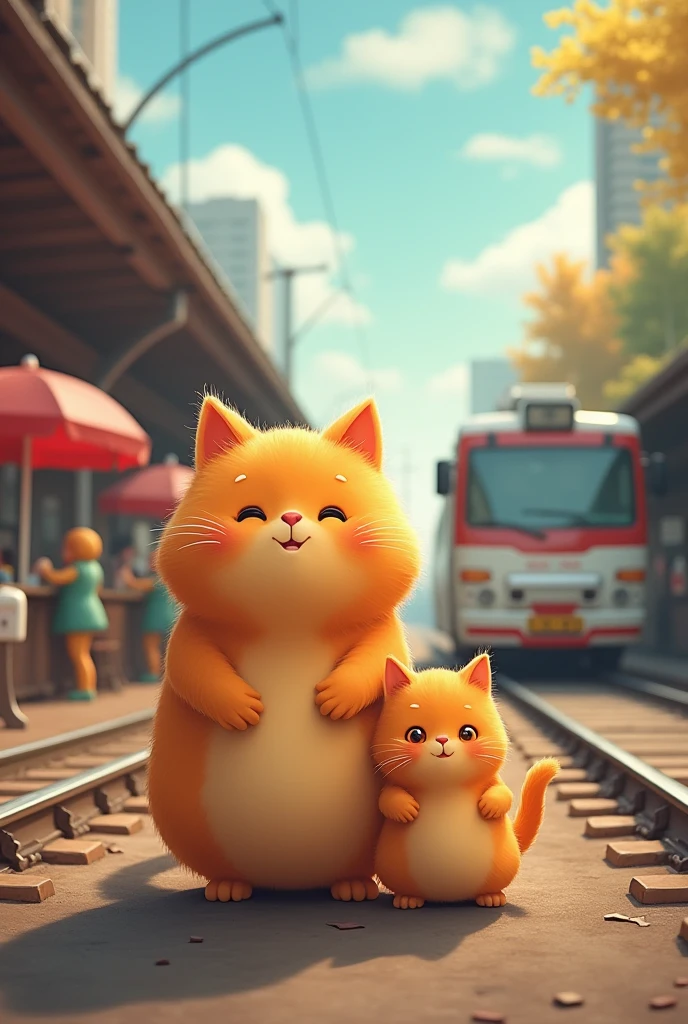 (Write a Story of "an orange hair chubby cat traveling with his chubby orange kitten from the railway station to a train crash .) " A rescue team arrives, carefully lifting the injured cats and transporting them to an awaiting ambulance, heading towards the hospital."