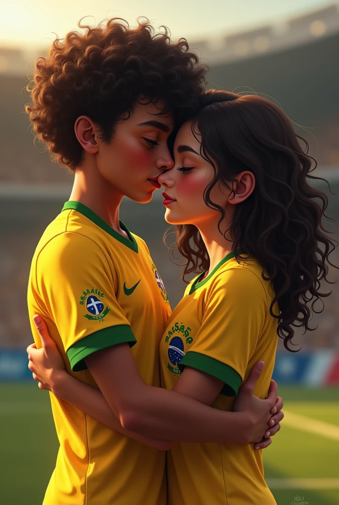 A Brazilian couple hugging each other boy with curly dark hair and dark skin short, and Sao Paulo shirt, and girl with curly brunette hair,and white skin with brown eyes wearing a São Paulo shirt
