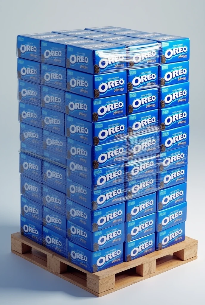 I want a Pallet full with a lot of medium sized blue cardboard boxes of Oreo (show the representative brand printed in the boxes), tightly wrapped in a lot of plastic paper (all binded together). 