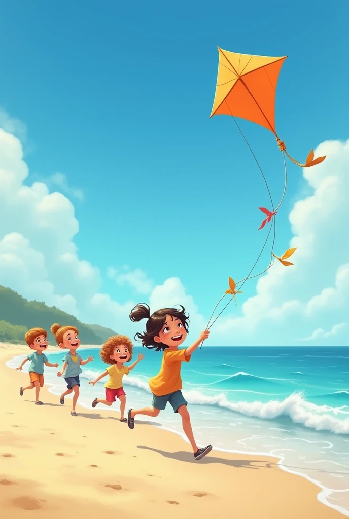 Children Flying a Kite on the Beach: A group of children run along the shore of a beach, holding the string of a colorful kite flying high in the blue sky, while their laughter mixes with the sound of the waves.