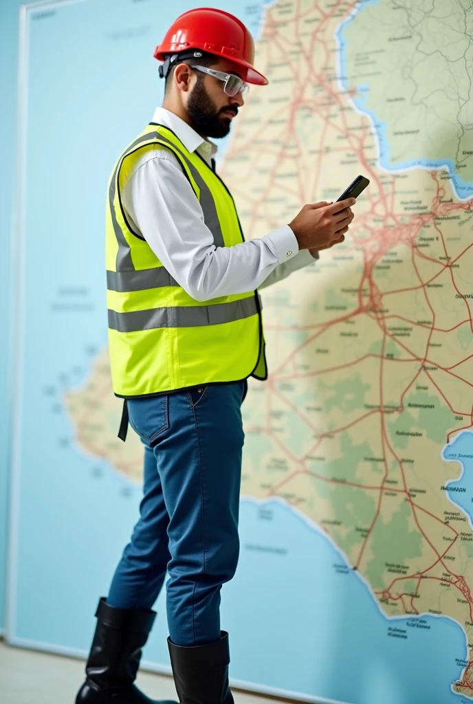 man wearing white long sleeve shirt, with light yellow reflective vest, black industrial safety short boots, blue pants, red helmet, safety glasses and holding a phone, on a map of Colombia, looking for the coordinates of a point of sale