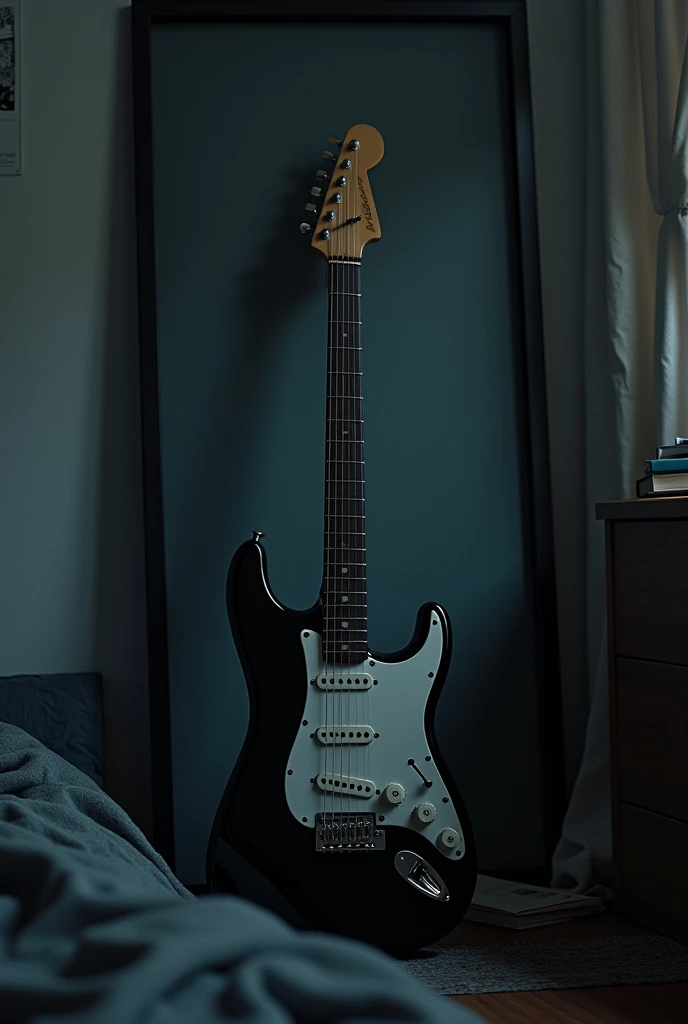 youth/age dark emo bedroom with electric gitar and dark blank frame as the main focus