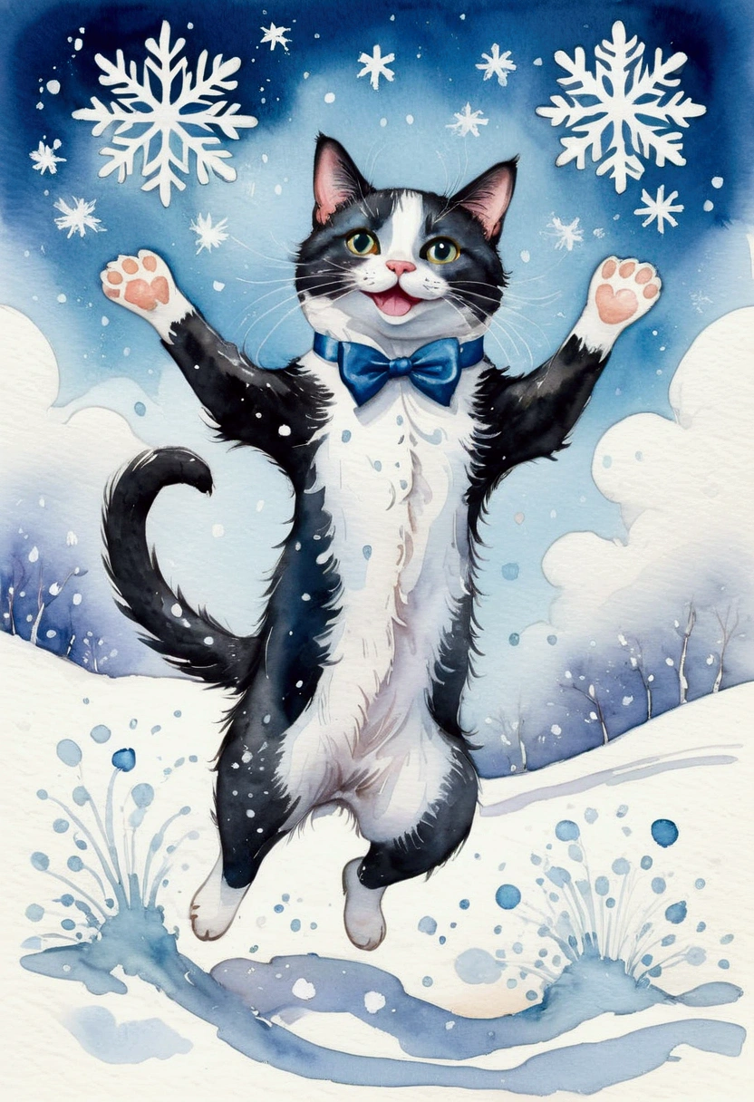 Scene of Happiness, Whimsical watercolor illustration of a tuxedo cat playing in the snow, jumping to catch snowflakes with a big smile. Soft textures, splashes of bright watercolor on textured paper, inspired by Beatrice Blue and Erika Robe, masterpiece, best quality, very aesthetic, absurdres