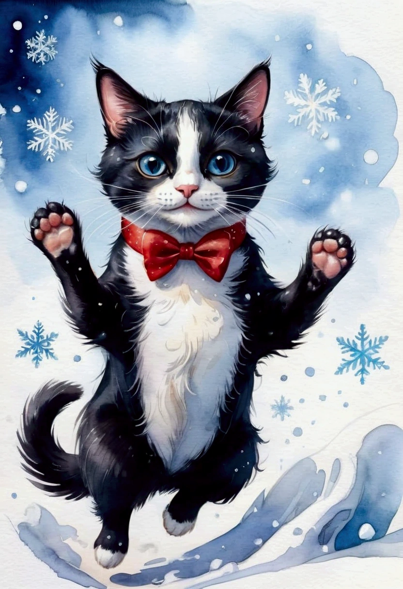 Scene of Happiness, Whimsical watercolor illustration of a tuxedo cat playing in the snow, jumping to catch snowflakes with a big smile. Soft textures, splashes of bright watercolor on textured paper, inspired by Beatrice Blue and Erika Robe, masterpiece, best quality, very aesthetic, absurdres