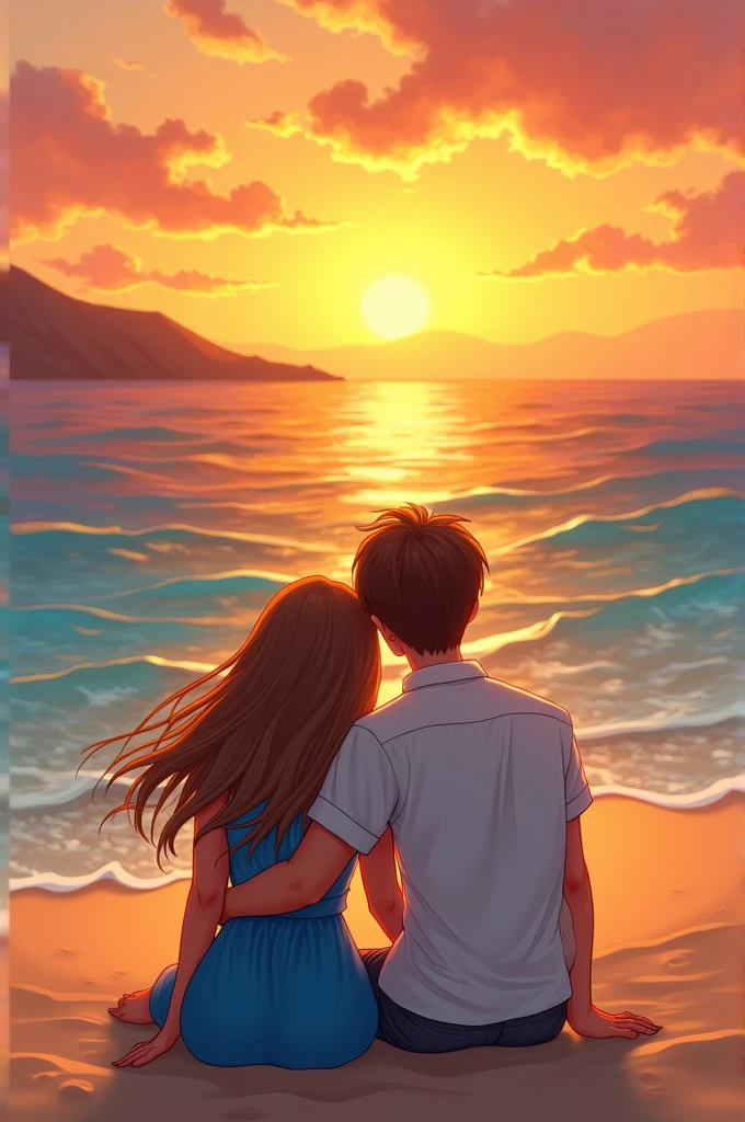 A young straight couple on a beach in Greece, watching a very colorful sunset. Both are turned back and sitting on the sand hugging each other.Characteristics of the young couple: The girl has long, straight light brown hair., and wears a blue dress. The boy has short dark brown hair and is wearing a white shirt..