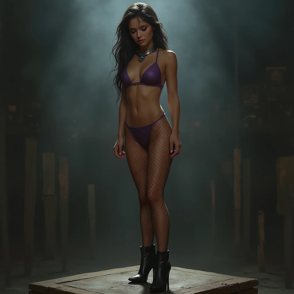 beautiful young brunette woman, oiled, make up, wearing a shiny black bikini, fishnet leggings, Stiletto boots, small metal collar, standing on a raised auction block, looking ashamed