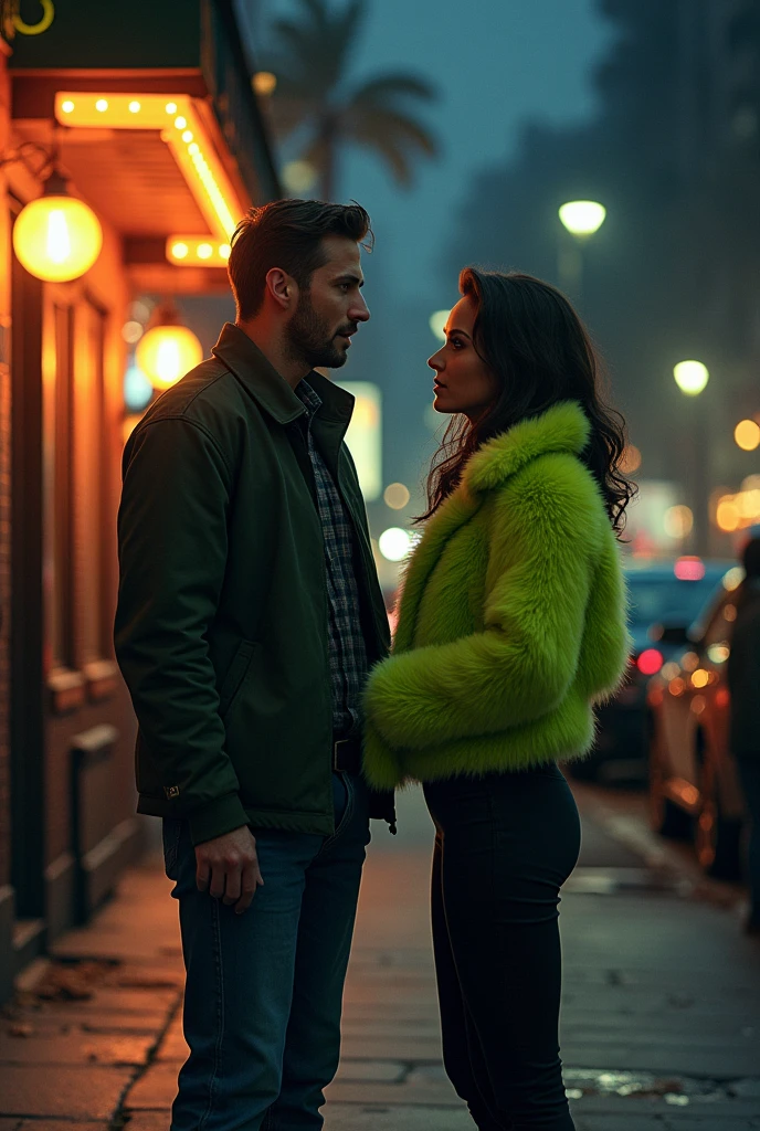 The bartender announces last call, and people start to leave. Bob and Lizzie exchange glances, not wanting their night to end. The two walk out of "Bar Popular" and into the night, the streetlights casting a soft glow on them.
Lizzie is wearing a black pants, and a lime green, fluffy jacket.