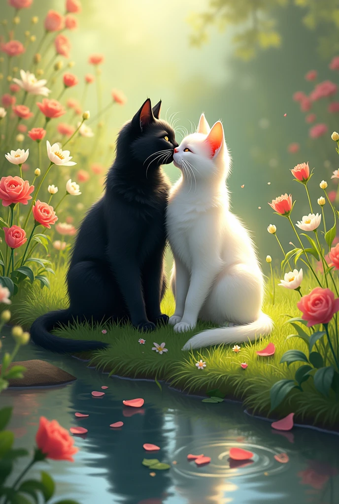 Black cat and white cat  comes on the flowers grass soop  couple in love 
