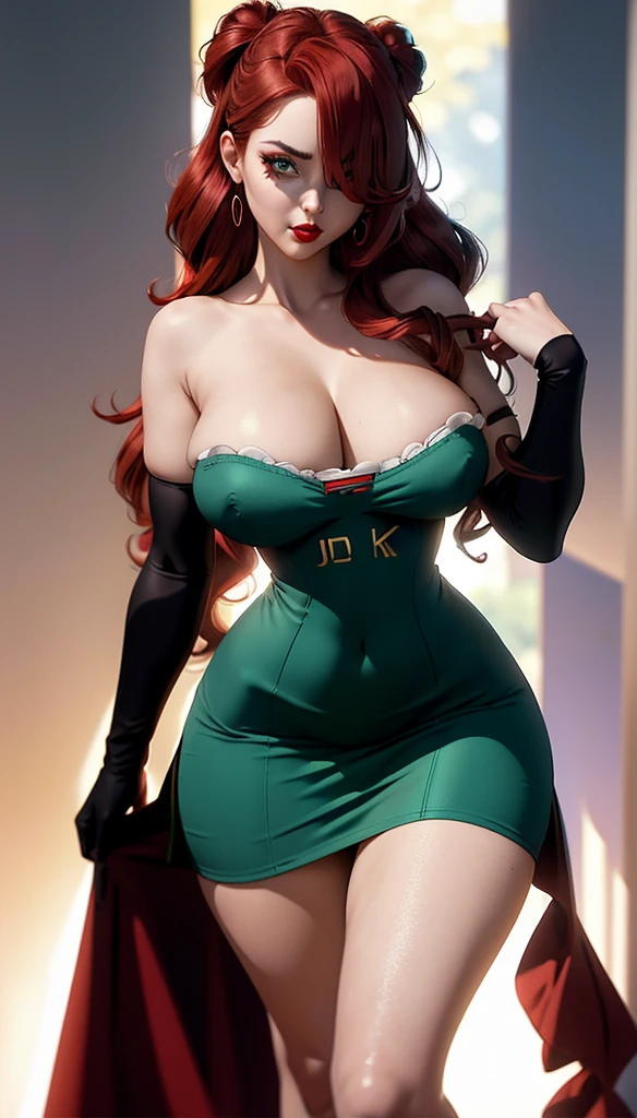 CARTOON_jessica_rabbit_aiwaifu,aiwaifu,
hair over one eye,red hair,narrow waist,very long hair, big hair, tall female, toned,makeup,lipstick,large breasts,eyeshadow,green eyes,thighs,huge breasts,red lips,lips,curvy,thick thighs,wide hips,collarbone,long legs, one eye covered, 
elbow gloves,purple gloves,dress,bare shoulders,cleavage,red dress,strapless,strapless dress,side slit,jewelry,earrings,long dress,cocktail dress,pantyhose,thighhighs,
official art,extremely detailed CG unity 8k wallpaper, perfect lighting,Colorful, Bright_Front_face_Lighting,shiny skin, (masterpiece:1.0),(best_quality:1.0), ultra high res,4K,ultra-detailed, photography, 8K, HDR, highres, (absurdres:1.2), Kodak portra 400, film grain, blurry background, (bokeh:1.2), lens flare, (vibrant_color:1.2),professional photograph, (beautiful_face:1.5),