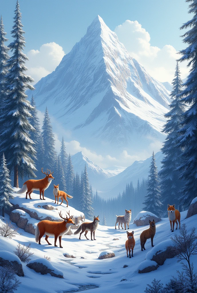 A forest on snowy mountains and some real-life style animals 