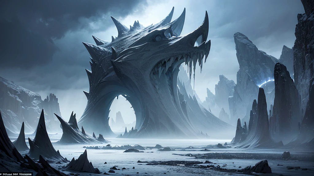 Visualize an endless, frozen wasteland under a pale, sickly sun. The icy terrain is punctuated by jagged, dark ice formations that resemble twisted, malevolent sculptures. The sky is overcast with swirling, dark clouds, and the occasional crackle of frost-rimed lightning hints at the realm’s hidden dangers.