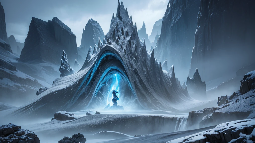 Visualize an endless, frozen wasteland under a pale, sickly sun. The icy terrain is punctuated by jagged, dark ice formations that resemble twisted, malevolent sculptures. The sky is overcast with swirling, dark clouds, and the occasional crackle of frost-rimed lightning hints at the realm’s hidden dangers.