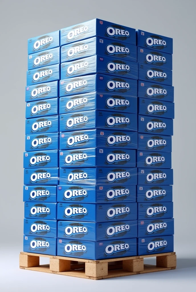 I want a Pallet full with a lot of medium sized blue cardboard boxes of Oreo (show the representative brand printed in the boxes), tightly wrapped in a lot of plastic paper (all binded together).