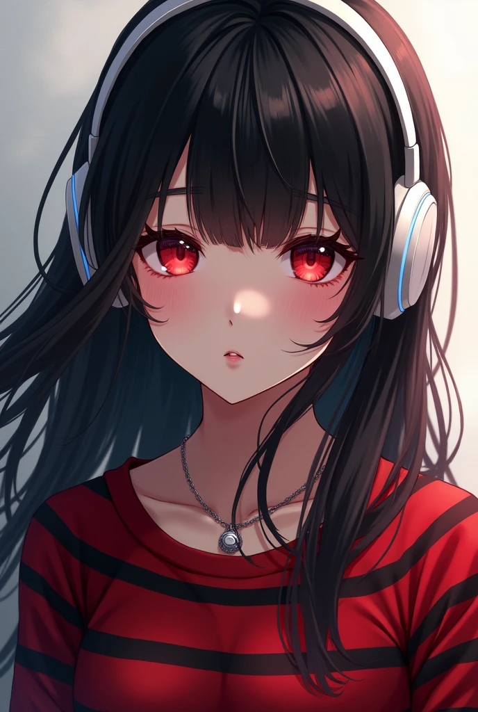 anime art/woman/black hair/red eyes/red and black striped sweater/silver necklace/white headphones