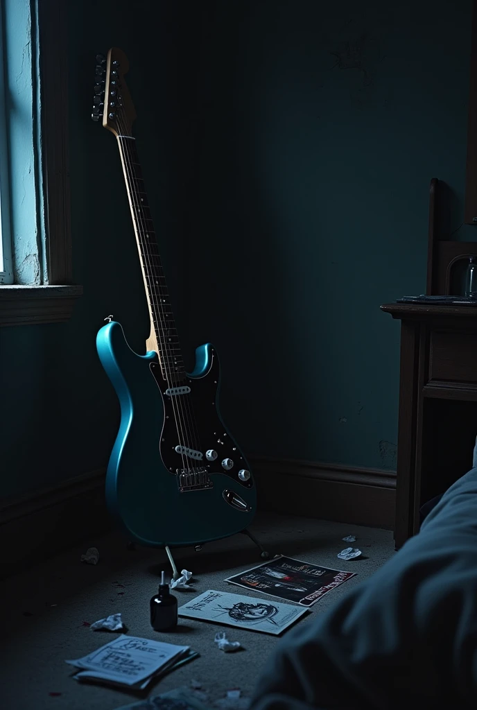 youth/teenage dark emo bedroom with electric gitar. Dark blank frame as the main focus