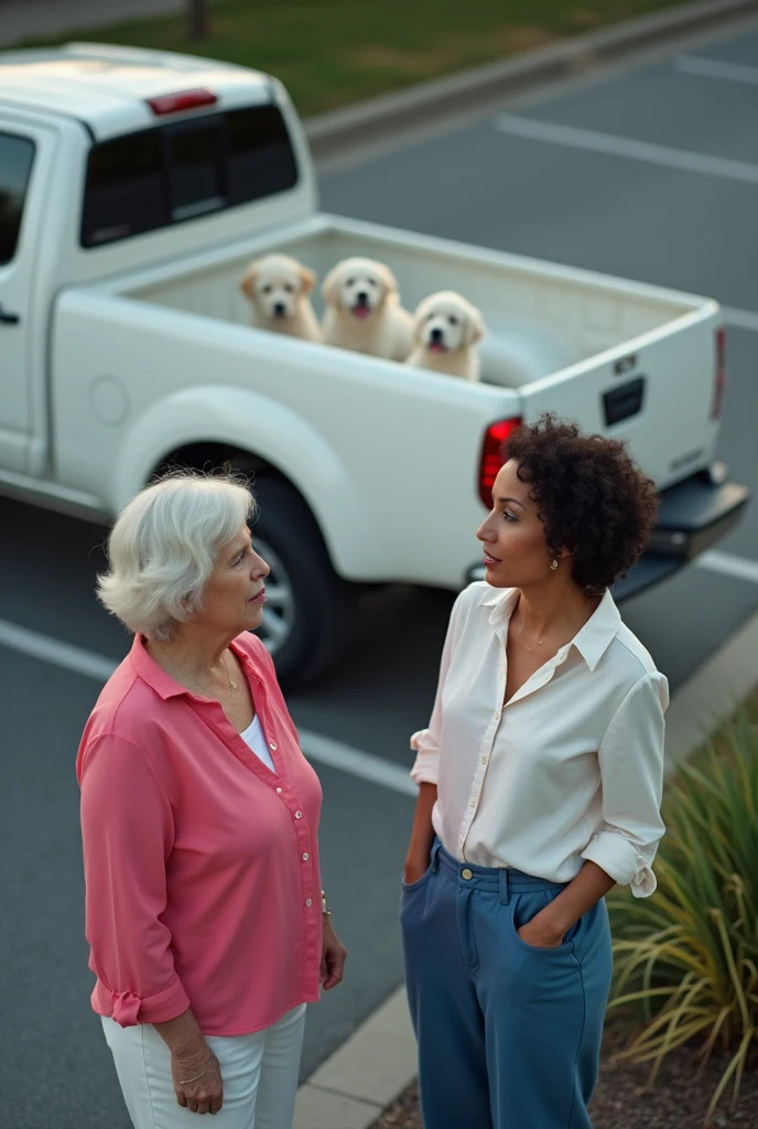 An image taken from a light pole in a parking lot with 2 women, one of them an old woman wearing a pink blouse and white pants and the other a 35-year-old woman wearing a white blouse and blue pants., They are talking and behind them there is a white Nissan Pkup type truck with 3 white puppies