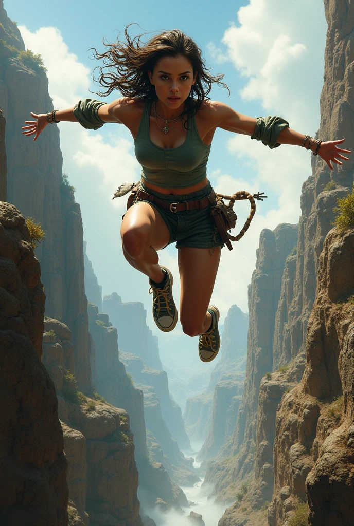 Female person jumping over dangerous places