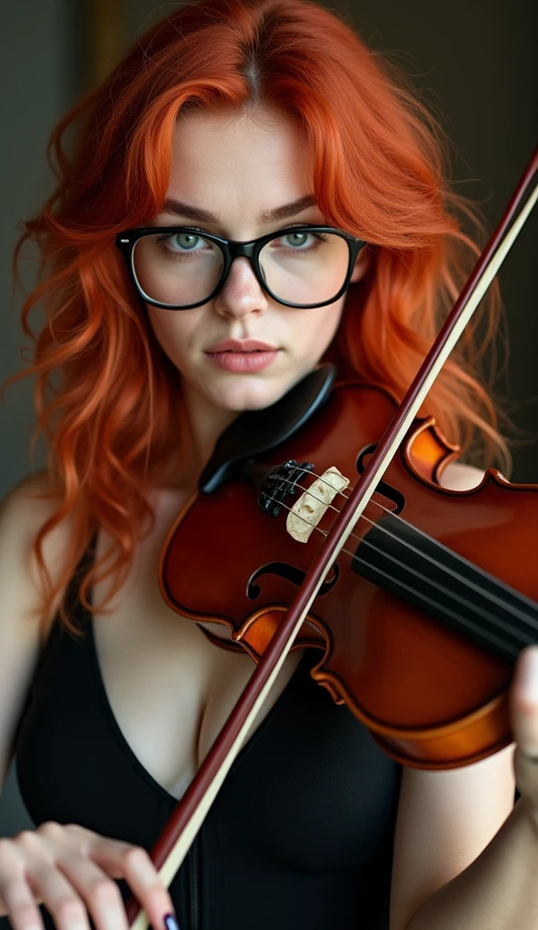 35-YEAR-OLD WOMAN WEARING LARGE GLASSES PLAYING VIOLIN, SENSUAL AND CHARMING, delicious, Linda, perfect symmetrical body, (((RED HAIR))), EYES COLOR SNOW WHITE, , Messy hair, BATTON READY, beautiful woman, ( higher quality, high resolution, 16K, no mistakes). New NSFW