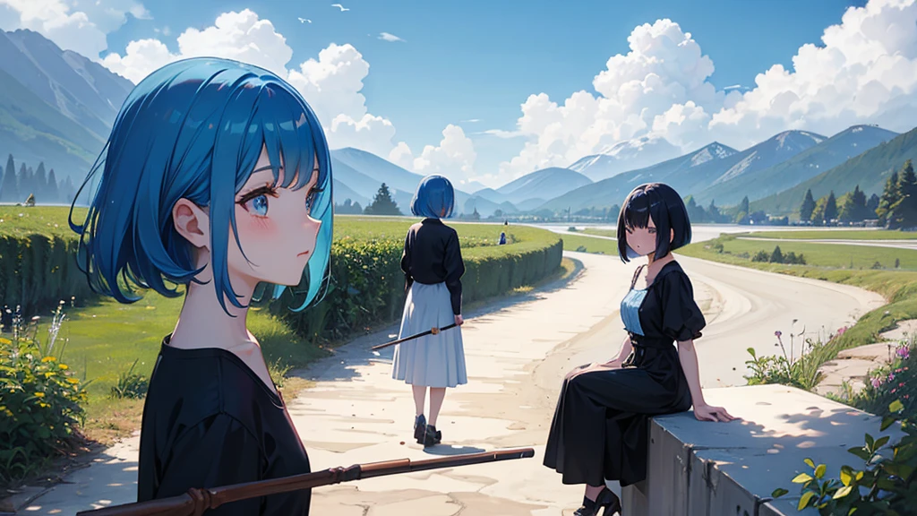 One Woman,hair(Bob)Color in(Blue),wear(witch),blush,situation(Sitting on a walking stick),background(Blue sky),Light