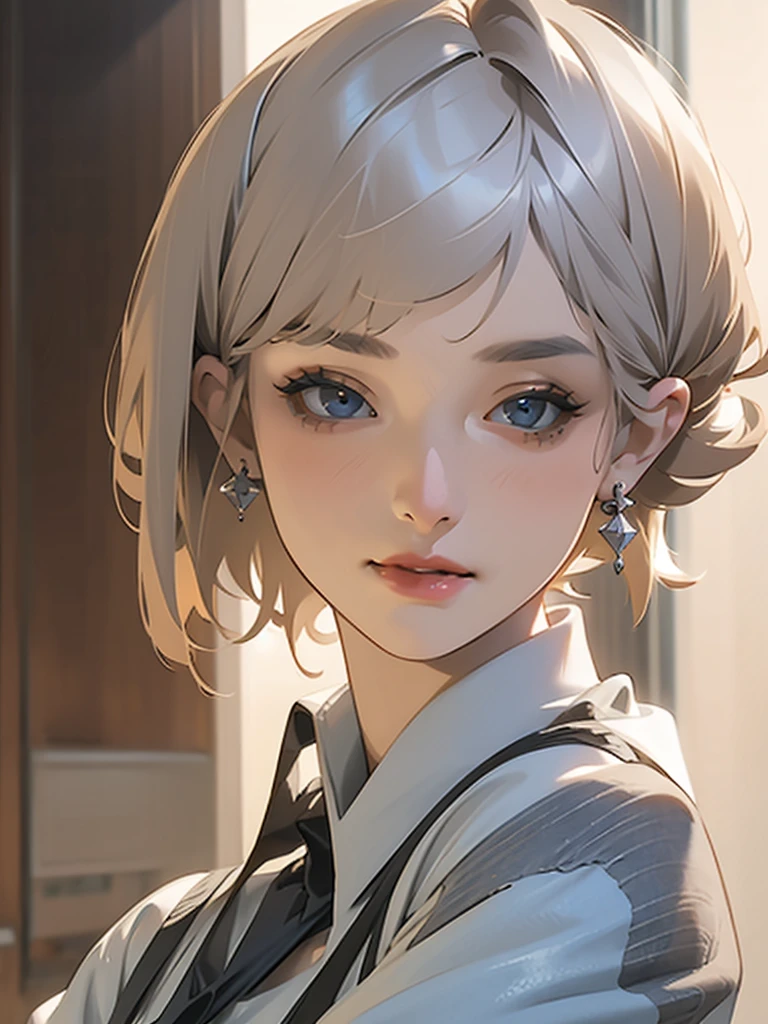 (best quality, masterpiece), 1girl, beautiful girl, brown_eyes, ((hair color [Silver hair], [pixie cut with bangs] hair)), earrings, lips, short sleeves,realistic, narrow waist, charming, colorful makeup, long eyelashes, fair skin, (cute), (detailed face), detailed eyes, detailed iris, 