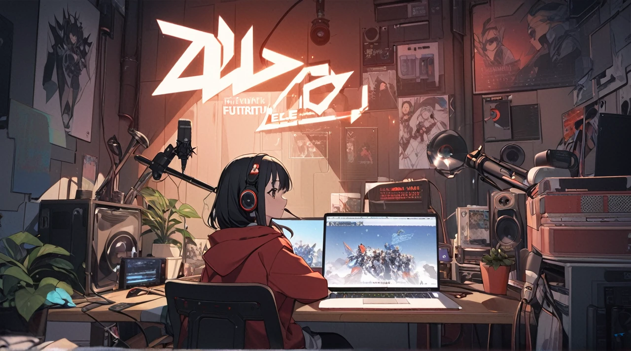 Create a image of "A 18 years anime black hair girl sitting in front of a computer desk with a microphone and laptop, futuritic, wearing black and red hoodie with the Channel Name on it "ELE". The background includes a large logo on the wall with name "VATION", potted plants on either side, and various recording equipment."