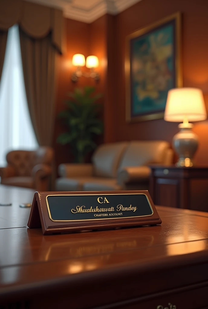 Beautiful office, CA Shashwat Pandey written on nameplate with prefix CA on office table in formal font