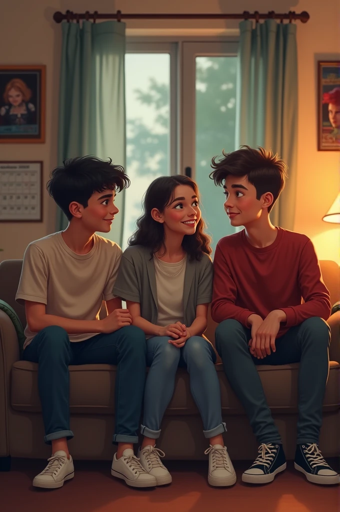 Three friends (two men and a woman) They talk in the living room to plan to go see movies after school